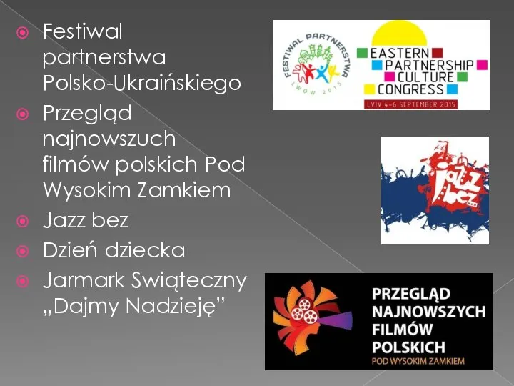 Festiwal partnerstwa Polsko-Ukraińskiego Przegląd najnowszuch filmów polskich Pod Wysokim Zamkiem Jazz bez