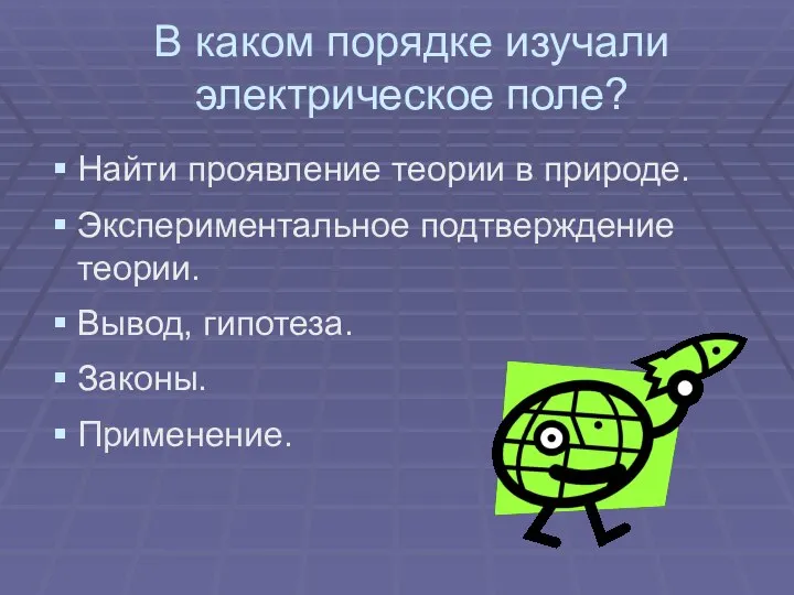 В каком порядке изучали электрическое поле? Найти проявление теории в природе. Экспериментальное