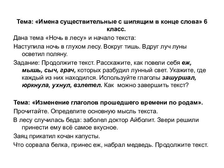 Тема: «Имена существительные с шипящим в конце слова» 6 класс. Дана тема