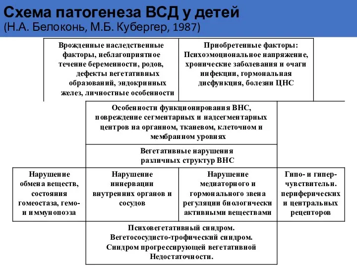 Схема патогенеза ВСД у детей (Н.А. Белоконь, М.Б. Кубергер, 1987)