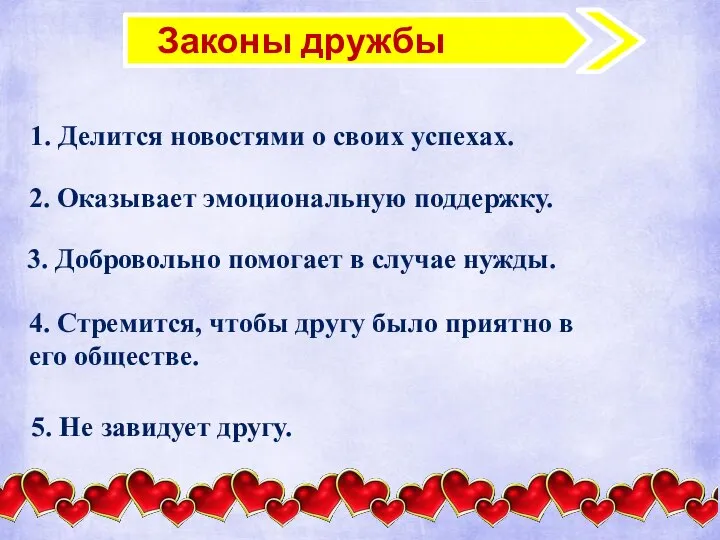 Законы дружбы 1. Делится новостями о своих успехах. 2. Оказывает эмоциональную поддержку.