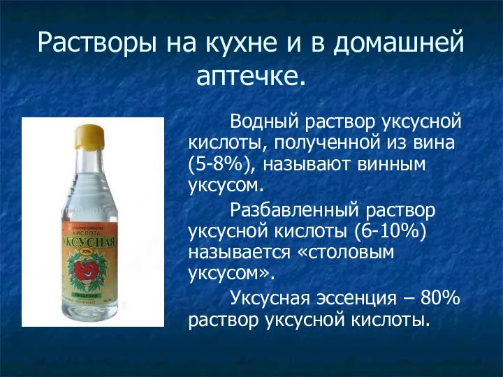 Растворы на кухне и в домашней аптечке. Водный раствор уксусной кислоты, полученной