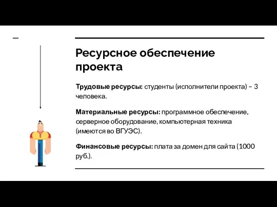 Ресурсное обеспечение проекта Трудовые ресурсы: студенты (исполнители проекта) – 3 человека. Материальные