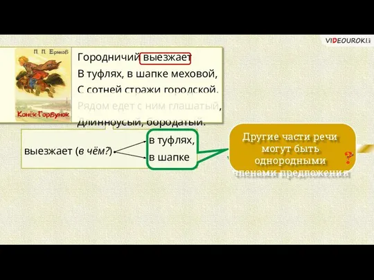 выезжает (в чём?) в туфлях, в шапке Городничий выезжает В туфлях, в