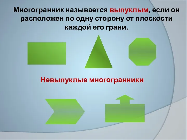 Многогранник называется выпуклым, если он расположен по одну сторону от плоскости каждой его грани. Невыпуклые многогранники