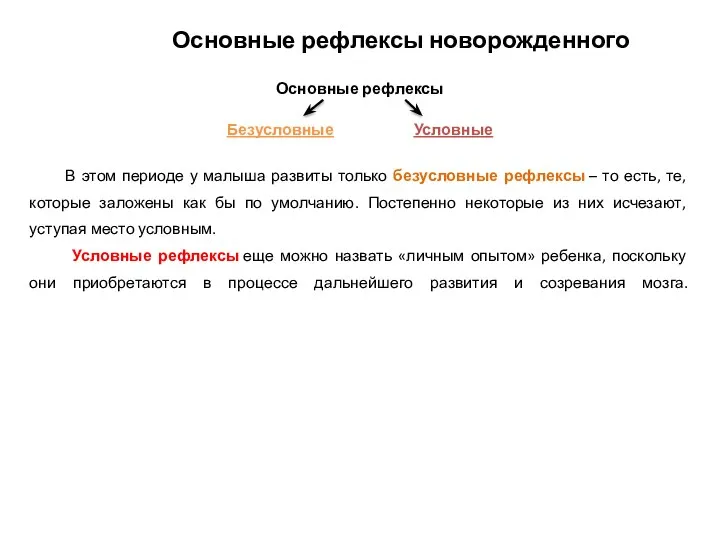 Основные рефлексы Безусловные Условные В этом периоде у малыша развиты только безусловные