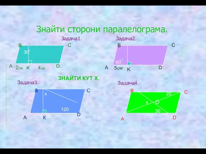 Знайти сторони паралелограма. Задача1. Задача2. 30 А В С D K 60