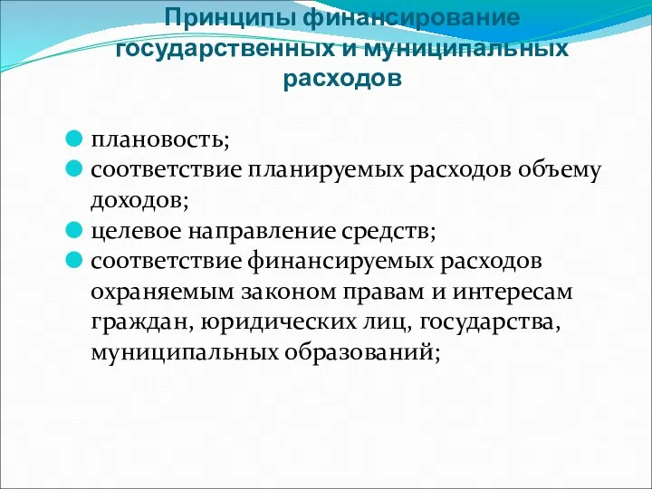 Принципы финансирование государственных и муниципальных расходов плановость; соответствие планируемых расходов объему доходов;