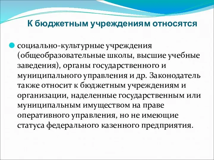 К бюджетным учреждениям относятся социально-культурные учреждения (общеобразовательные школы, высшие учебные заведения), органы