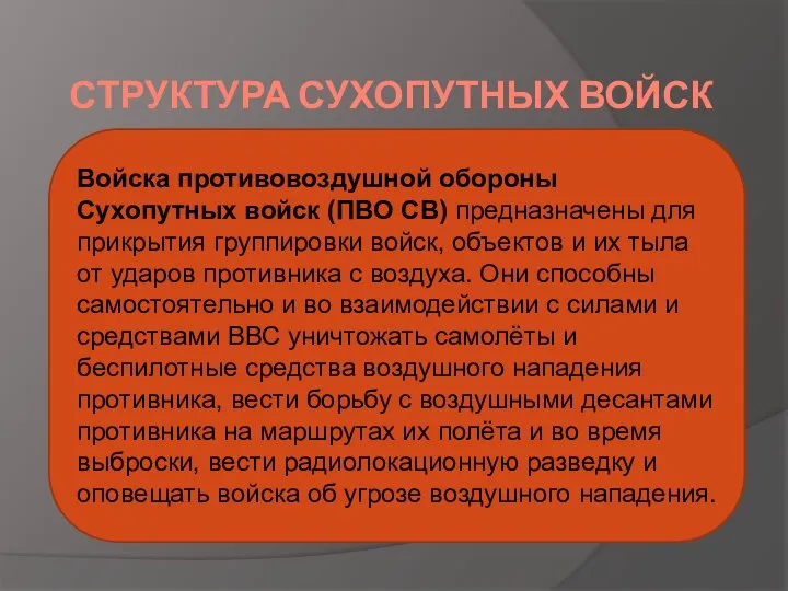 СТРУКТУРА СУХОПУТНЫХ ВОЙСК Войска противовоздушной обороны Сухопутных войск (ПВО СВ) предназначены для