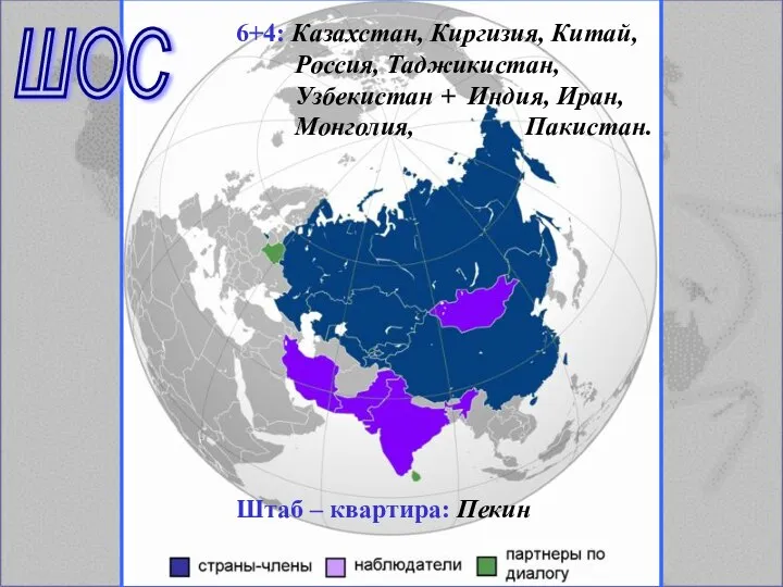 ШОС 6+4: Казахстан, Киргизия, Китай, Россия, Таджикистан, Узбекистан + Индия, Иран, Монголия,