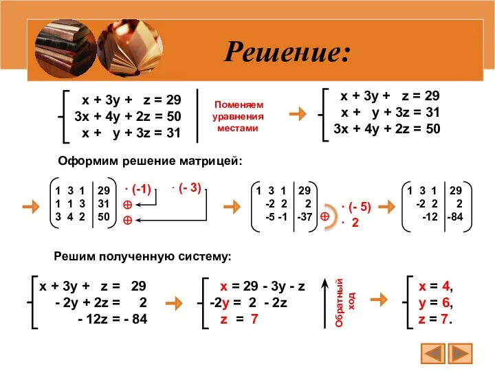 Решение: х + 3y + z = 29 3x + 4y +