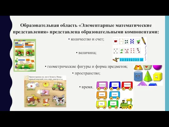 Образовательная область «Элементарные математические представления» представлена образовательными компонентами: количество и счет; величина;