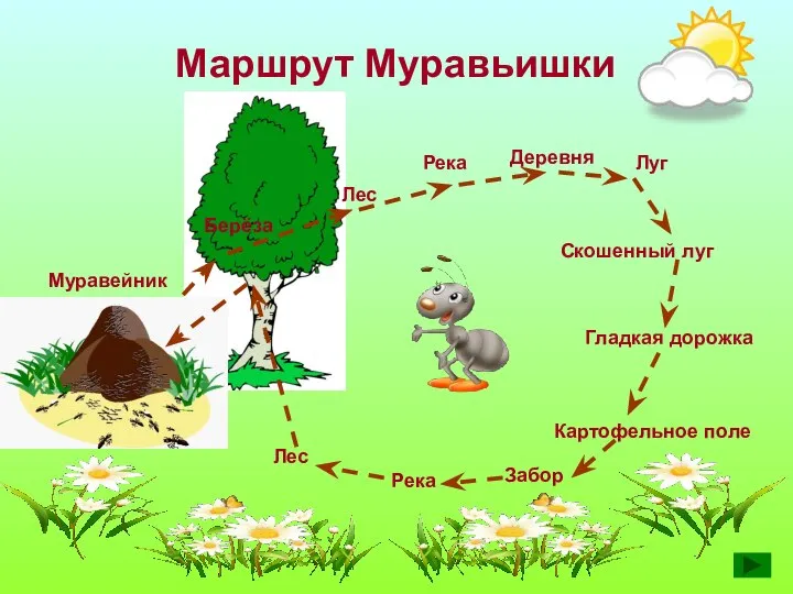 Маршрут Муравьишки Лес Река Деревня Луг Скошенный луг Гладкая дорожка Картофельное поле