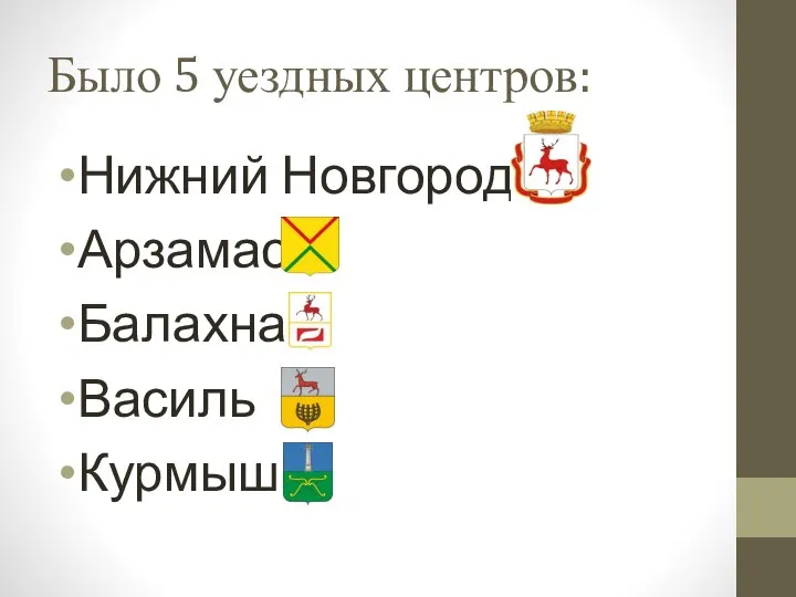 Было 5 уездных центров: Нижний Новгород Арзамас Балахна Василь Курмыш