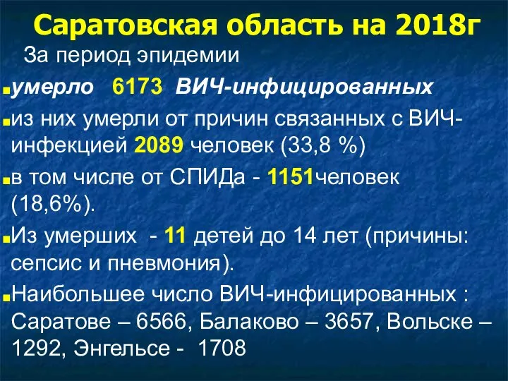 Саратовская область на 2018г За период эпидемии умерло 6173 ВИЧ-инфицированных из них