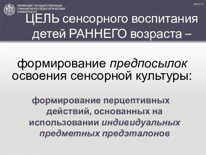 формирование предпосылок освоения сенсорной культуры: формирование перцептивных действий, основанных на использовании индивидуальных