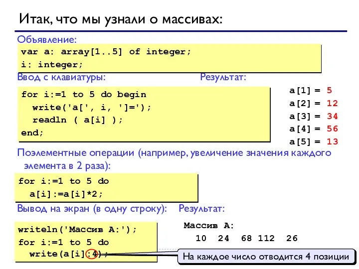 Итак, что мы узнали о массивах: Объявление: Ввод с клавиатуры: Результат: Поэлементные