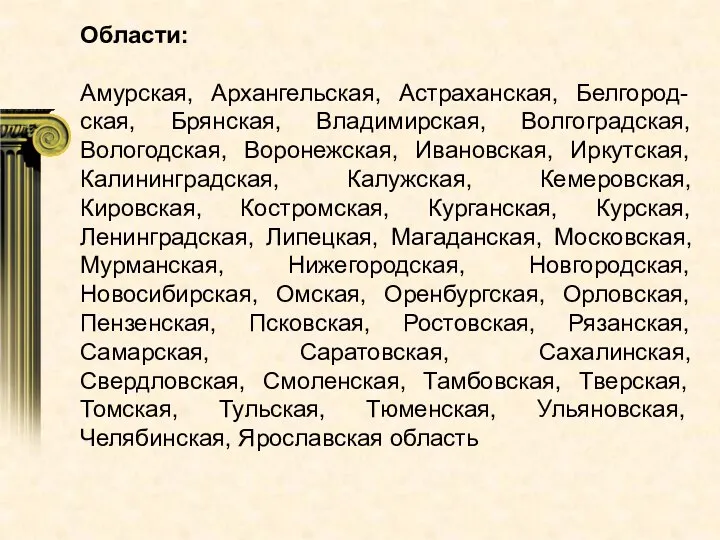 Области: Амурская, Архангельская, Астраханская, Белгород-ская, Брянская, Владимирская, Волгоградская, Вологодская, Воронежская, Ивановская, Иркутская,