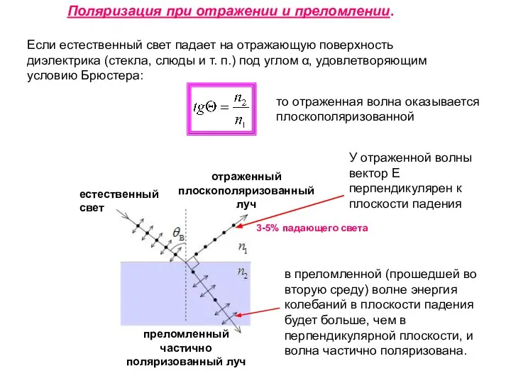 Поляризация при отражении и преломлении. Если естественный свет падает на отражающую поверхность