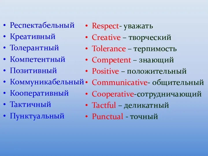 Респектабельный Креативный Толерантный Компетентный Позитивный Коммуникабельный Кооперативный Тактичный Пунктуальный Respect- уважать Creative