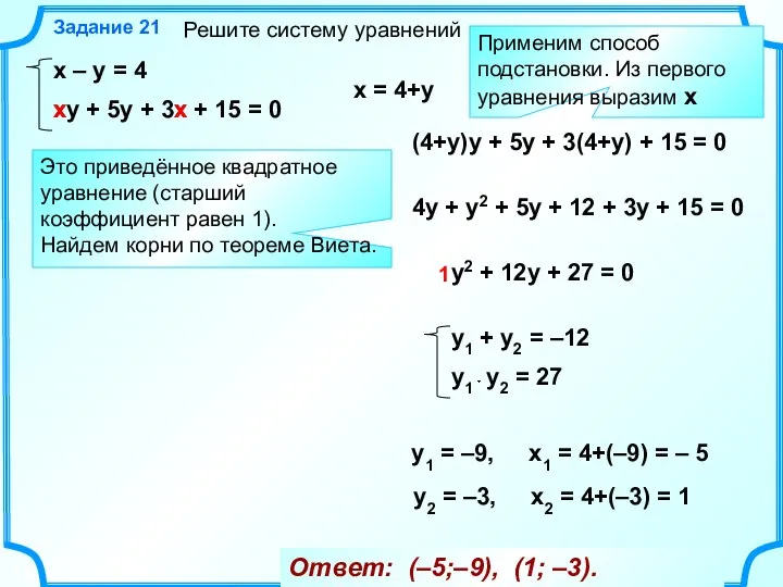 Решите систему уравнений Задание 21 Ответ: (–5;–9), (1; –3). Применим способ подстановки.