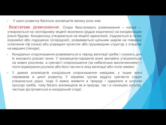 У циклі розвитку багатьох аскоміцетів велику роль має безстатеве розмноження. Спори безстатевого