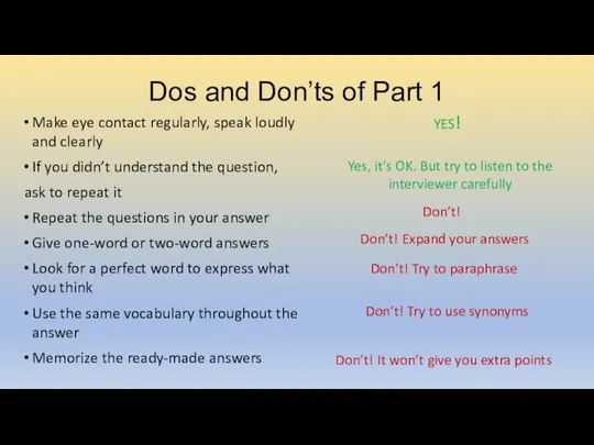Dos and Don’ts of Part 1 Make eye contact regularly, speak loudly