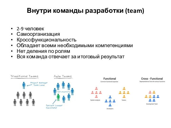 Внутри команды разработки (team) 2-9 человек Самоорганизация Кроссфункциональность Обладает всеми необходимыми компетенциями