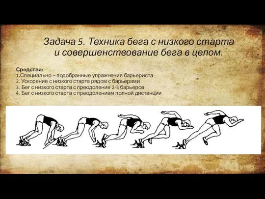 Средства: 1.Специально – подобранные упражнения барьериста 2. Ускорение с низкого старта рядом