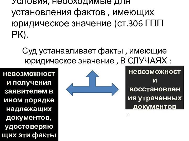 Условия, необходимые для установления фактов , имеющих юридическое значение (ст.306 ГПП РК).