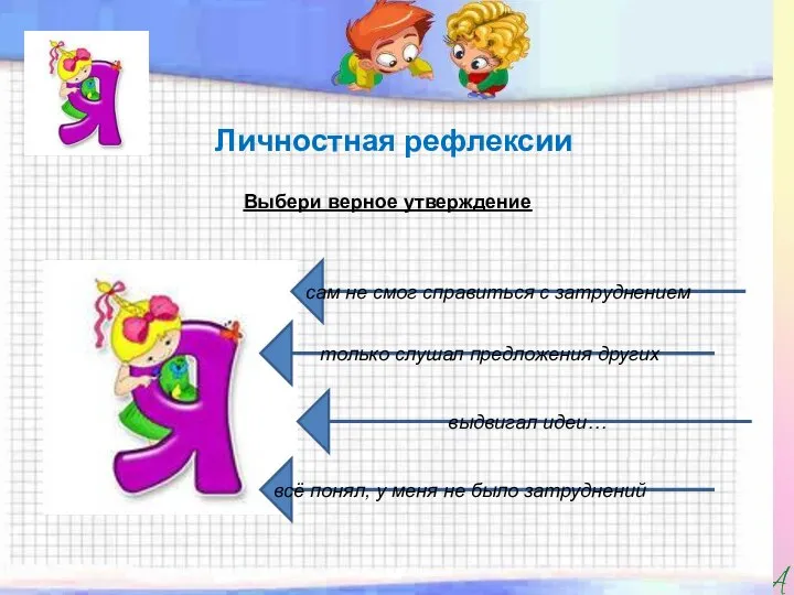 Личностная рефлексии Выбери верное утверждение сам не смог справиться с затруднением только