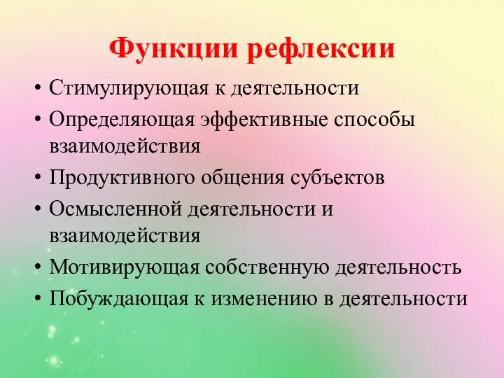 Функции рефлексии Стимулирующая к деятельности Определяющая эффективные способы взаимодействия Продуктивного общения субъектов