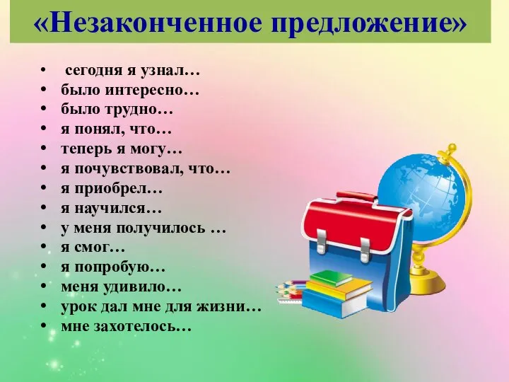 сегодня я узнал… было интересно… было трудно… я понял, что… теперь я