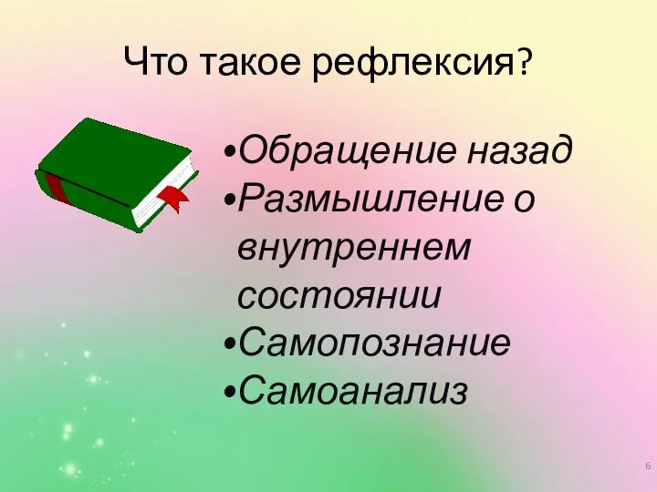 Что такое рефлексия? Обращение назад Размышление о внутреннем состоянии Самопознание Самоанализ