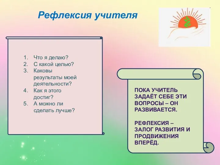 Рефлексия учителя Что я делаю? С какой целью? Каковы результаты моей деятельности?