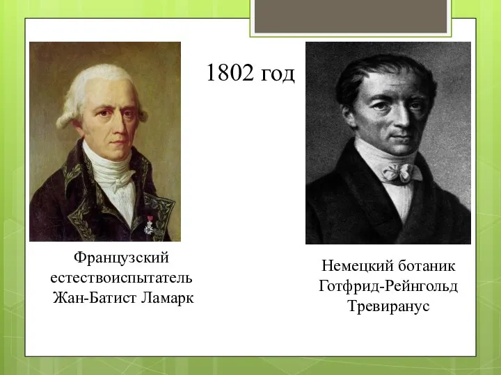 1802 год Французский естествоиспытатель Жан-Батист Ламарк Немецкий ботаник Готфрид-Рейнгольд Тревиранус