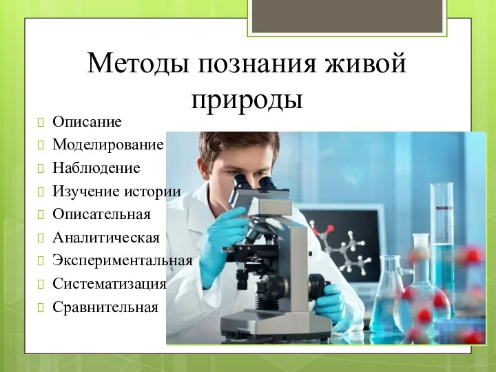 Методы познания живой природы Описание Моделирование Наблюдение Изучение истории Описательная Аналитическая Экспериментальная Систематизация Сравнительная