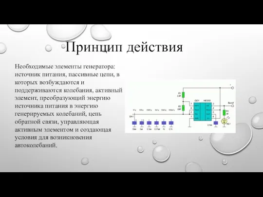 Принцип действия Необходимые элементы генератора: источник питания, пассивные цепи, в которых возбуждаются