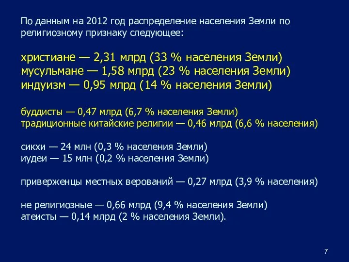 По данным на 2012 год распределение населения Земли по религиозному признаку следующее: