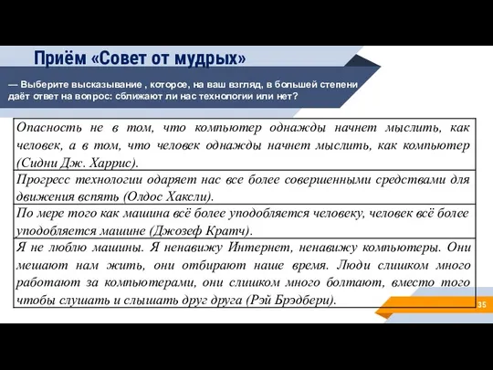 Приём «Совет от мудрых» — Выберите высказывание , которое, на ваш взгляд,