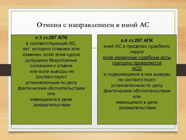 Отмена с направлением в иной АС п.3 ст.287 АПК в соответствующий АС,