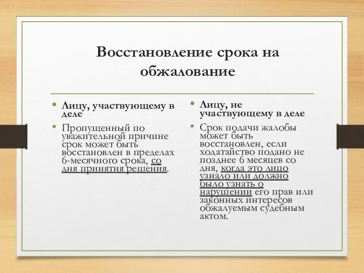 Восстановление срока на обжалование Лицу, участвующему в деле Пропущенный по уважительной причине