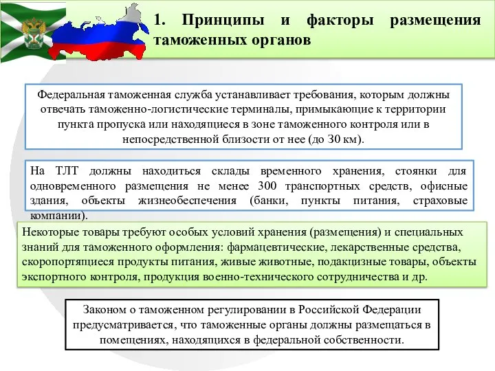 1. Принципы и факторы размещения таможенных органов Федеральная таможенная служба устанавливает требования,