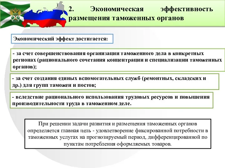 2. Экономическая эффективность размещения таможенных органов Экономический эффект достигается: - за счет