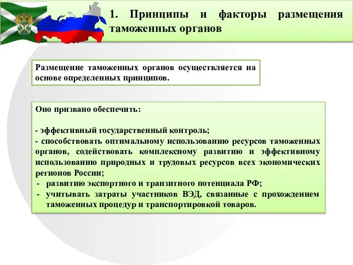 1. Принципы и факторы размещения таможенных органов Размещение таможенных органов осуществляется на