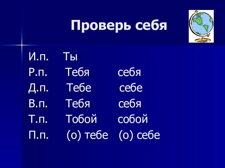 Проверь себя И.п. Ты Р.п. Тебя себя Д.п. Тебе себе В.п. Тебя