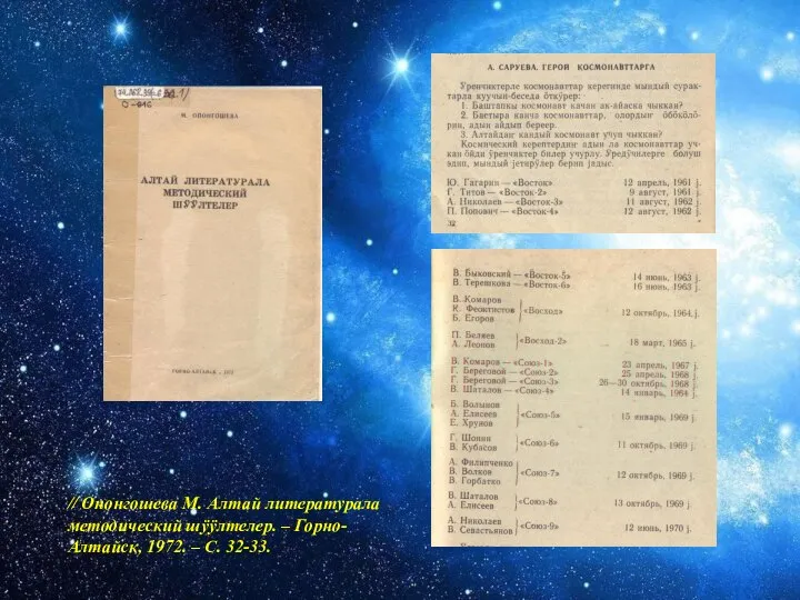 // Опонгошева М. Алтай литературала методический шӱӱлтелер. – Горно-Алтайск, 1972. – С. 32-33.