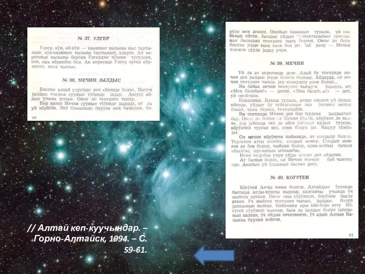 // Алтай кеп-куучындар. – Горно-Алтайск, 1994. – С. 59-61.