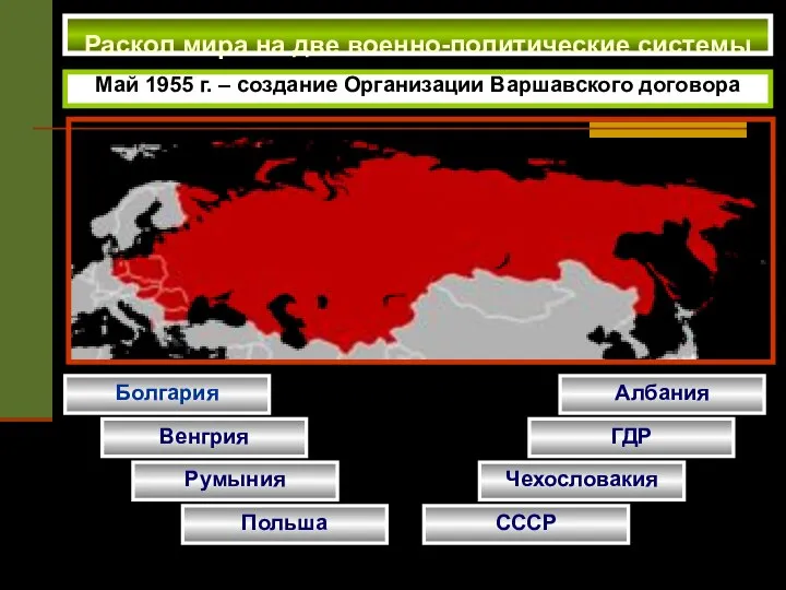 Раскол мира на две военно-политические системы Май 1955 г. – создание Организации